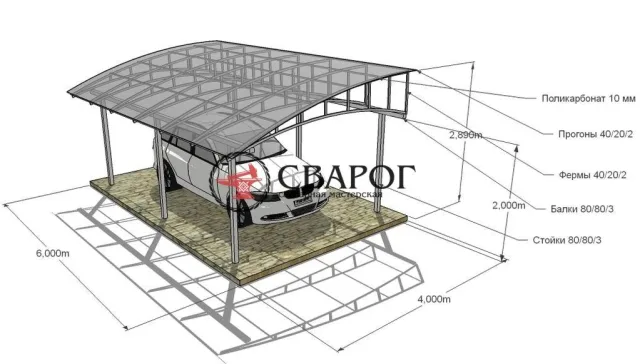 Арочный односкатный навес "Стандарт" 4 на 6 м.